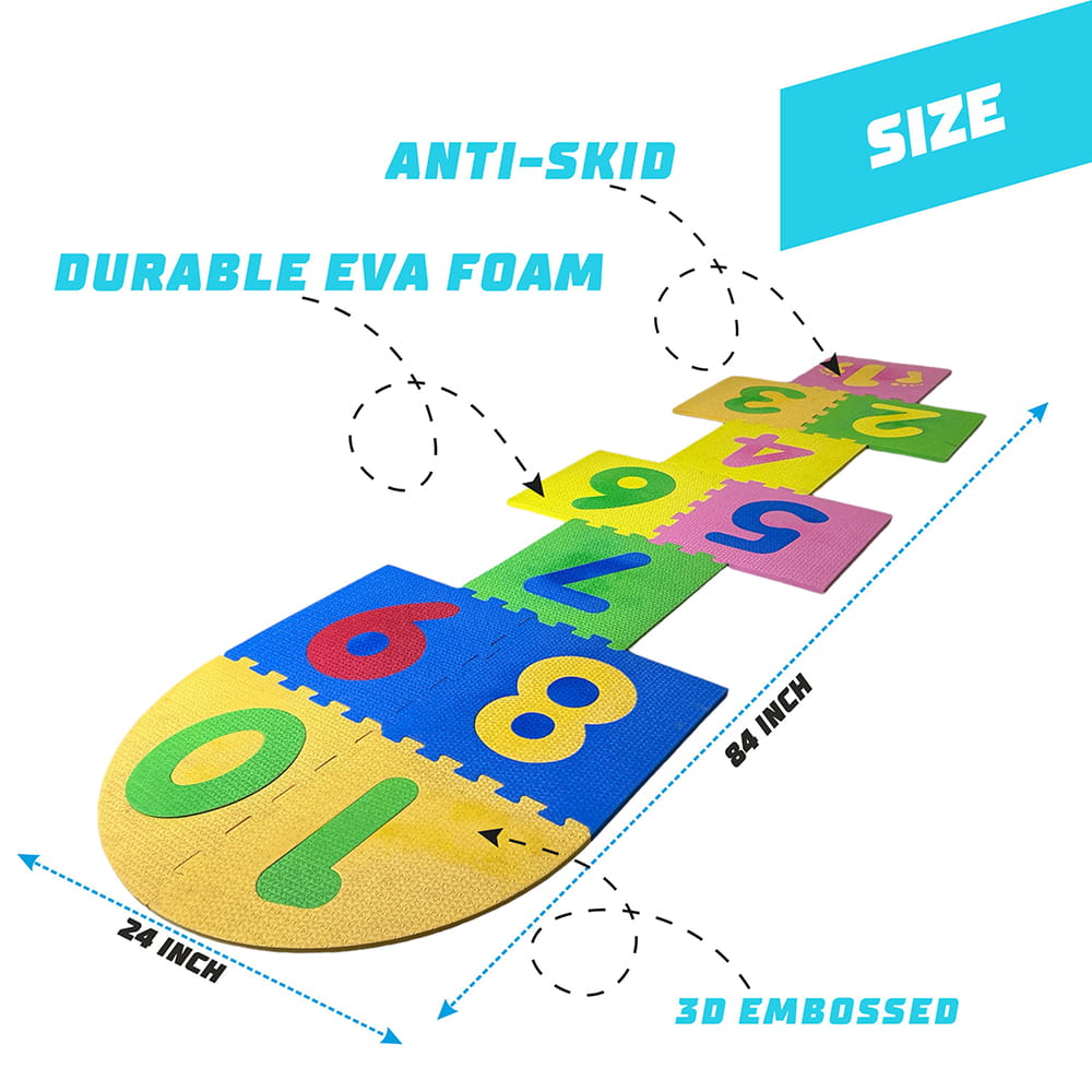 Play Eva Stapu Hopscotch Mat is a fun EVA foam floor game designed to encourage active play and physical activity. Featuring 11 interlocking tiles, a large 84 x 24 inch play area, and an anti-skid 3D embossed surface, it is ideal for indoor and outdoor use.