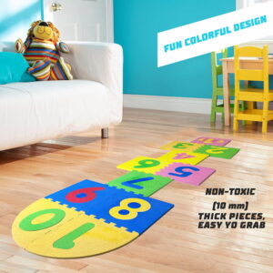 Play Eva Stapu Hopscotch Mat is a fun EVA foam floor game designed to encourage active play and physical activity. Featuring 11 interlocking tiles, a large 84 x 24 inch play area, and an anti-skid 3D embossed surface, it is ideal for indoor and outdoor use.