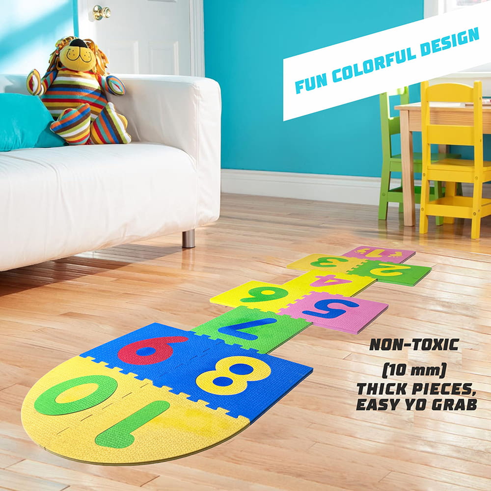 Play Eva Stapu Hopscotch Mat is a fun EVA foam floor game designed to encourage active play and physical activity. Featuring 11 interlocking tiles, a large 84 x 24 inch play area, and an anti-skid 3D embossed surface, it is ideal for indoor and outdoor use.