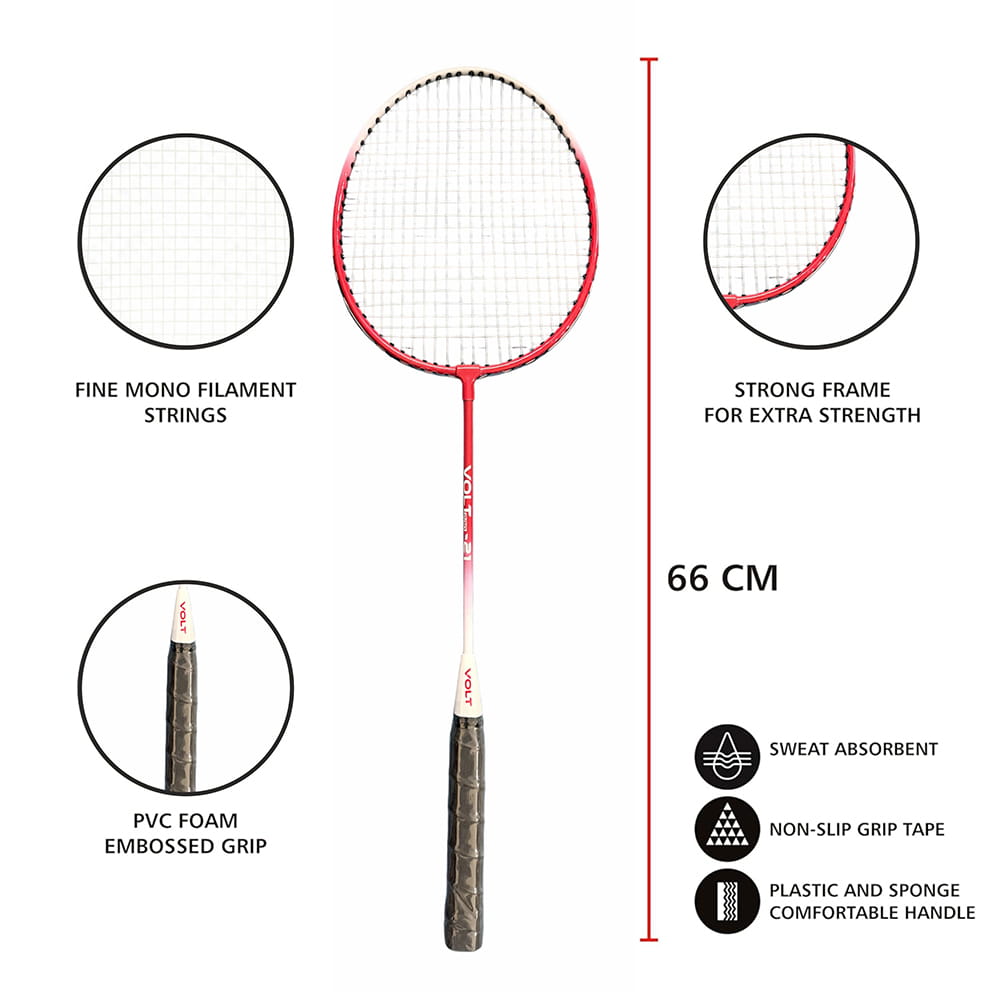 Volt Pro Badminton Racket Set includes 2 lightweight badminton rackets and 2 shuttlecocks, designed for excellent control and power. Featuring durable aluminium frames, full grip handles, and strong nylon strings, this set is suitable for beginners and recreational players. Includes a full cover carry bag for easy storage and transport.
