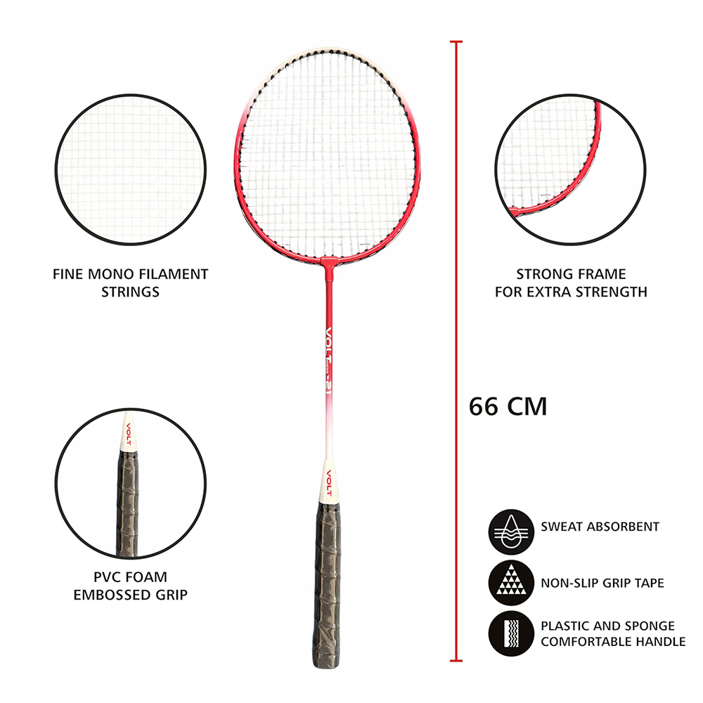 Volt Pro Badminton Racket Set includes 2 lightweight badminton rackets and 2 shuttlecocks, designed for excellent control and power. Featuring durable aluminium frames, full grip handles, and strong nylon strings, this set is suitable for beginners and recreational players. Includes a full cover carry bag for easy storage and transport. Volt Pro Badminton Racket Set includes 2 lightweight badminton rackets and 2 shuttlecocks, designed for excellent control and power. Featuring durable aluminium frames, full grip handles, and strong nylon strings, this set is suitable for beginners and recreational players. Includes a full cover carry bag for easy storage and transport.