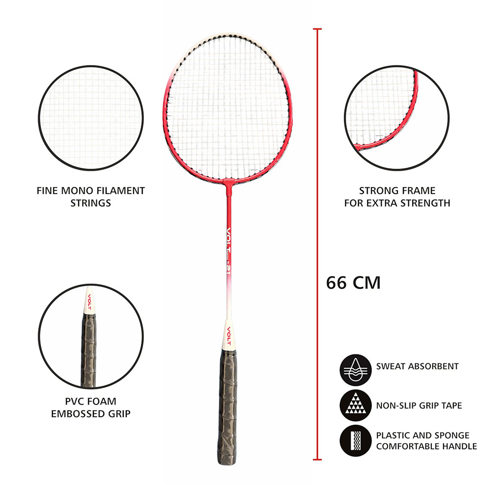 Volt Pro Badminton Racket Set includes 2 lightweight badminton rackets and 2 shuttlecocks, designed for excellent control and power. Featuring durable aluminium frames, full grip handles, and strong nylon strings, this set is suitable for beginners and recreational players. Includes a full cover carry bag for easy storage and transport.