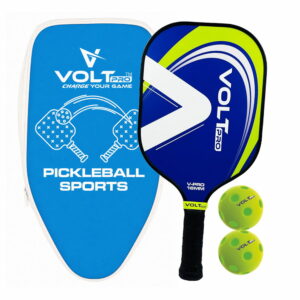 Volt Pro 1 Paddle + 2 Balls Set carbon fibre gritty spin tech, 16mm core. Includes 1 indoor 26-hole ball, 1 outdoor 40-hole ball, premium carry bag.