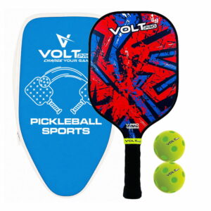 Volt Pro 1 Paddle + 2 Balls Set carbon fibre gritty spin tech, 16mm core. Includes 1 indoor 26-hole ball, 1 outdoor 40-hole ball, premium carry bag.