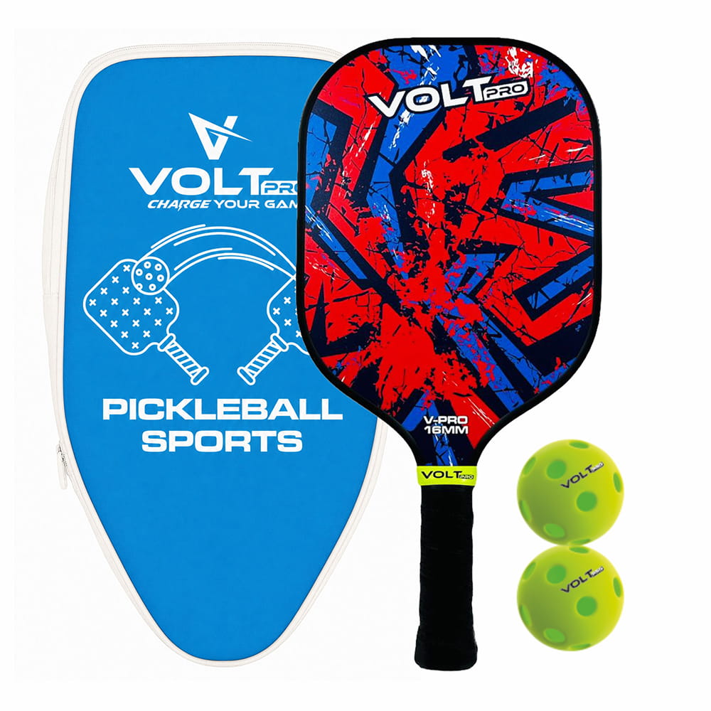 Volt Pro 1 Paddle + 2 Balls Set carbon fibre gritty spin tech, 16mm core. Includes 1 indoor 26-hole ball, 1 outdoor 40-hole ball, premium carry bag.