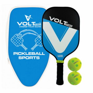 Volt Pro 1 Paddle + 2 Balls Set carbon fibre gritty spin tech, 16mm core. Includes 1 indoor 26-hole ball, 1 outdoor 40-hole ball, premium carry bag.