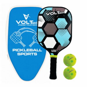 Volt Pro 1 Paddle + 2 Balls Set carbon fibre gritty spin tech, 16mm core. Includes 1 indoor 26-hole ball, 1 outdoor 40-hole ball, premium carry bag.