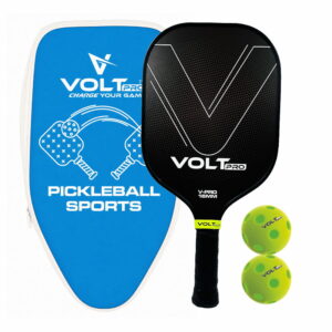 Volt Pro 1 Paddle + 2 Balls Set carbon fibre gritty spin tech, 16mm core. Includes 1 indoor 26-hole ball, 1 outdoor 40-hole ball, premium carry bag.