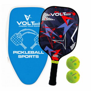 Volt Pro 1 Paddle + 2 Balls Set carbon fibre gritty spin tech, 16mm core. Includes 1 indoor 26-hole ball, 1 outdoor 40-hole ball, premium carry bag.