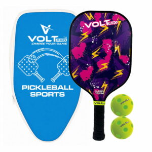 Volt Pro 1 Paddle + 2 Balls Set carbon fibre gritty spin tech, 16mm core. Includes 1 indoor 26-hole ball, 1 outdoor 40-hole ball, premium carry bag.