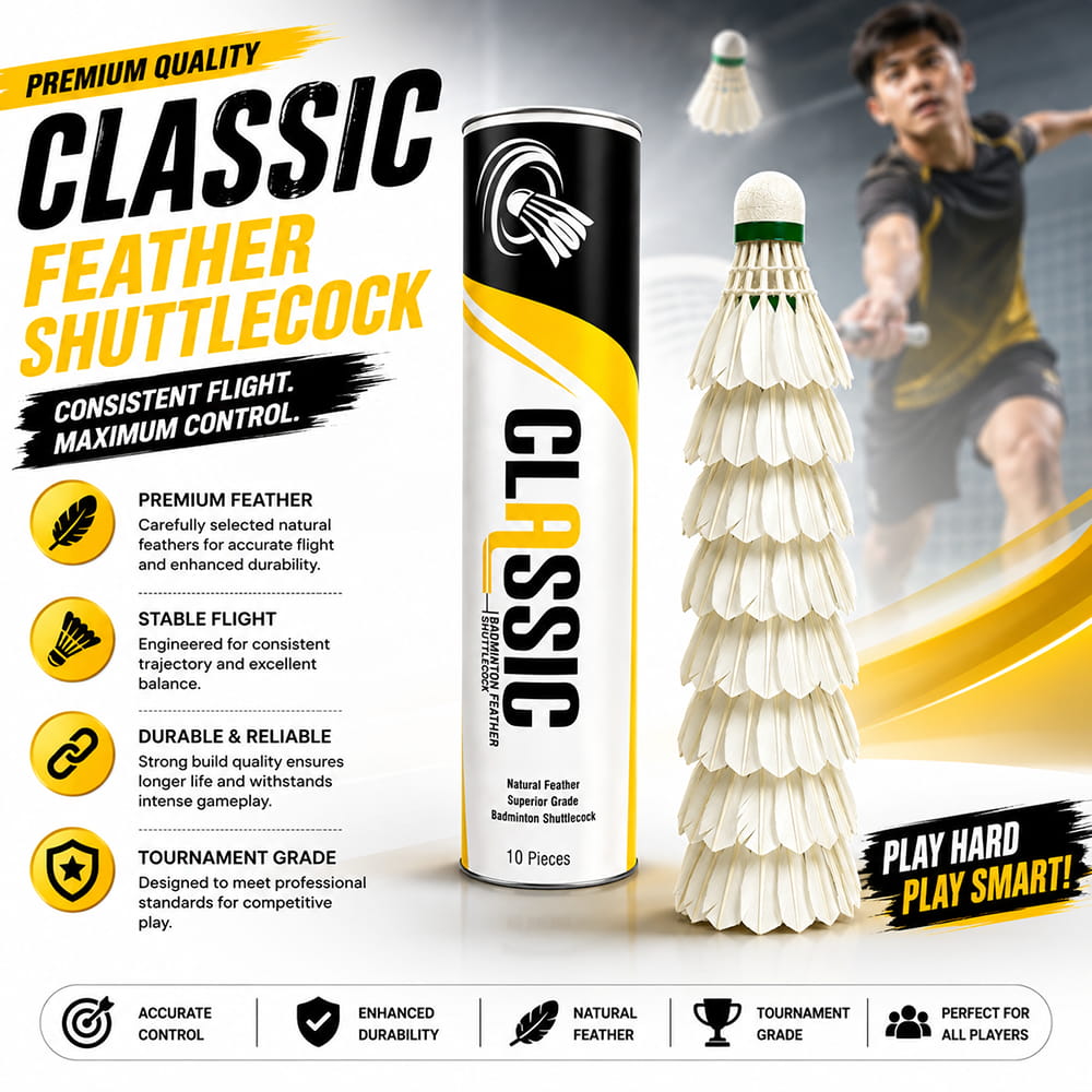 The Volt Pro Classic Medium Quality Feather Shuttlecock Pack of 10 is ideal for regular practice and casual badminton play. It delivers stable flight performance and consistent shuttle speed, making it a dependable choice for everyday court sessions and beginners.
