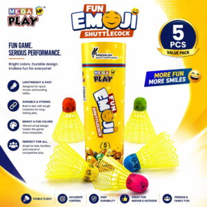 Volt Pro Fun Emoji Coloured Plastic Shuttlecock Pack of 5 features colorful shuttlecocks with unique emoji designs for an enjoyable badminton experience. Built with a durable plastic skirt and white rubber base, they provide stable flight and reliable performance for practice, training, and recreational play.