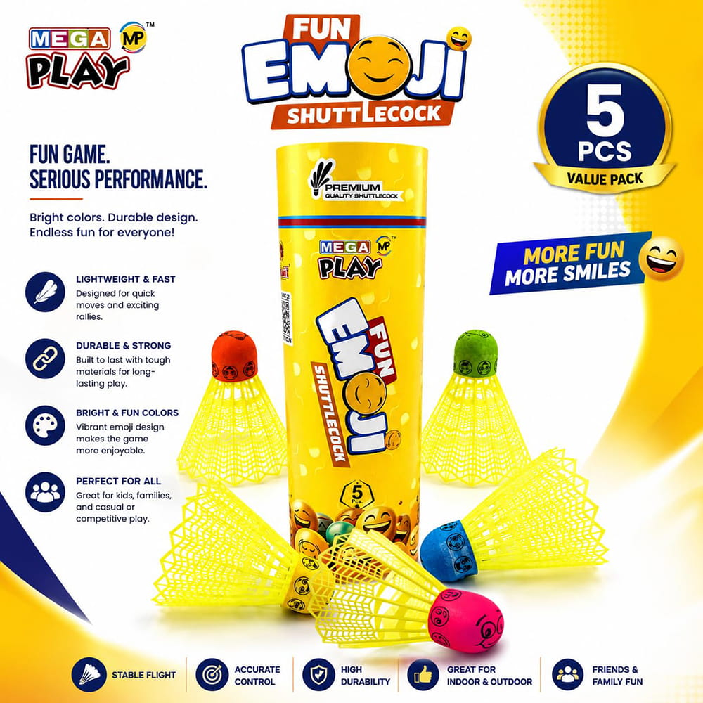 Volt Pro Fun Emoji Coloured Plastic Shuttlecock Pack of 5 features colorful shuttlecocks with unique emoji designs for an enjoyable badminton experience. Built with a durable plastic skirt and white rubber base, they provide stable flight and reliable performance for practice, training, and recreational play.