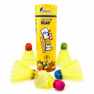Volt Pro Fun Emoji Coloured Plastic Shuttlecock Pack of 5 features colorful shuttlecocks with unique emoji designs for an enjoyable badminton experience. Built with a durable plastic skirt and white rubber base, they provide stable flight and reliable performance for practice, training, and recreational play.
