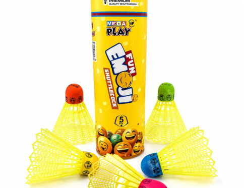 Volt Pro Fun Emoji Coloured Plastic Shuttlecock Pack of 5 features colorful shuttlecocks with unique emoji designs for an enjoyable badminton experience. Built with a durable plastic skirt and white rubber base, they provide stable flight and reliable performance for practice, training, and recreational play.