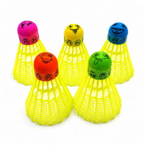 Volt Pro Fun Emoji Coloured Plastic Shuttlecock Pack of 5 features colorful shuttlecocks with unique emoji designs for an enjoyable badminton experience. Built with a durable plastic skirt and white rubber base, they provide stable flight and reliable performance for practice, training, and recreational play.