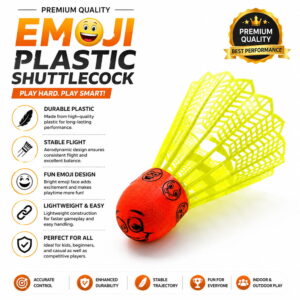 Volt Pro Fun Emoji Coloured Plastic Shuttlecock Pack of 5 features colorful shuttlecocks with unique emoji designs for an enjoyable badminton experience. Built with a durable plastic skirt and white rubber base, they provide stable flight and reliable performance for practice, training, and recreational play.