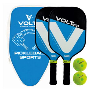 Volt Pro 2 Paddle + 2-Ball Set doubles-ready pickleball set. 16mm PP core, 1 indoor 26-hole & 1 outdoor 40-hole ball. Premium carry bag