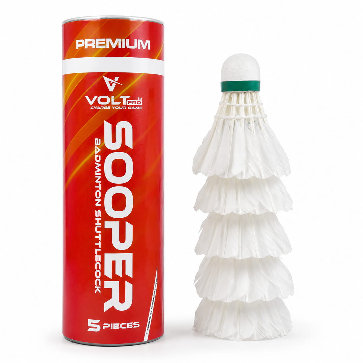 The Volt Pro Sooper Feather Shuttlecock pack delivers match-grade performance for regular badminton players. Built with natural feather construction, it offers consistent speed, smooth flight, and reliable durability for training sessions, club matches, and daily practice. The Volt Pro Sooper Feather Shuttlecock pack delivers match-grade performance for regular badminton players. Built with natural feather construction, it offers consistent speed, smooth flight, and reliable durability for training sessions, club matches, and daily practice.