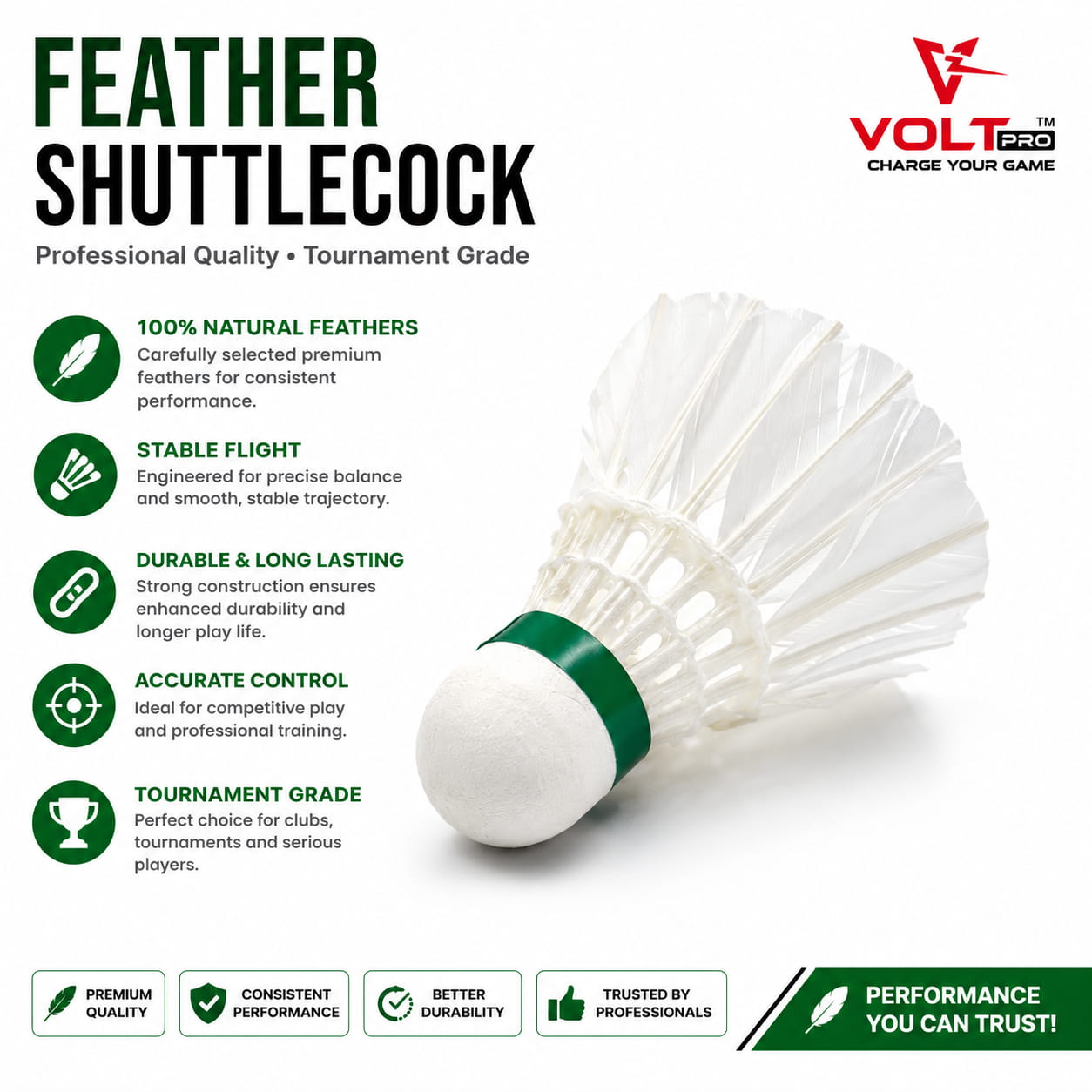 The Volt Pro Sooper Feather Shuttlecock pack delivers match-grade performance for regular badminton players. Built with natural feather construction, it offers consistent speed, smooth flight, and reliable durability for training sessions, club matches, and daily practice. The Volt Pro Sooper Feather Shuttlecock pack delivers match-grade performance for regular badminton players. Built with natural feather construction, it offers consistent speed, smooth flight, and reliable durability for training sessions, club matches, and daily practice.