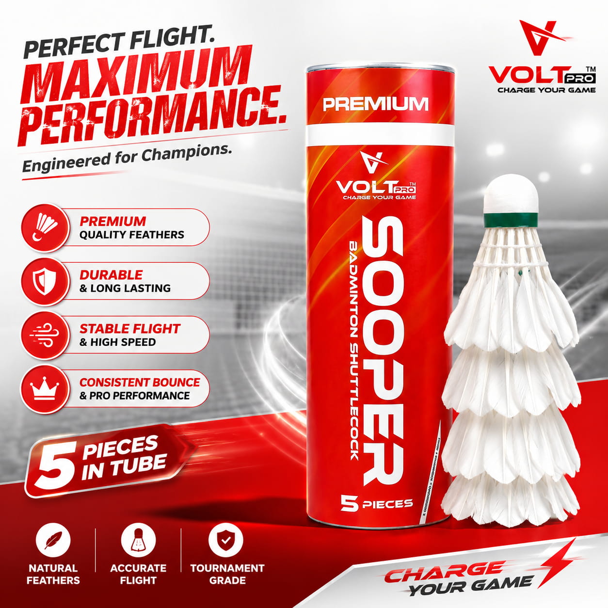 The Volt Pro Sooper Feather Shuttlecock pack delivers match-grade performance for regular badminton players. Built with natural feather construction, it offers consistent speed, smooth flight, and reliable durability for training sessions, club matches, and daily practice. The Volt Pro Sooper Feather Shuttlecock pack delivers match-grade performance for regular badminton players. Built with natural feather construction, it offers consistent speed, smooth flight, and reliable durability for training sessions, club matches, and daily practice.