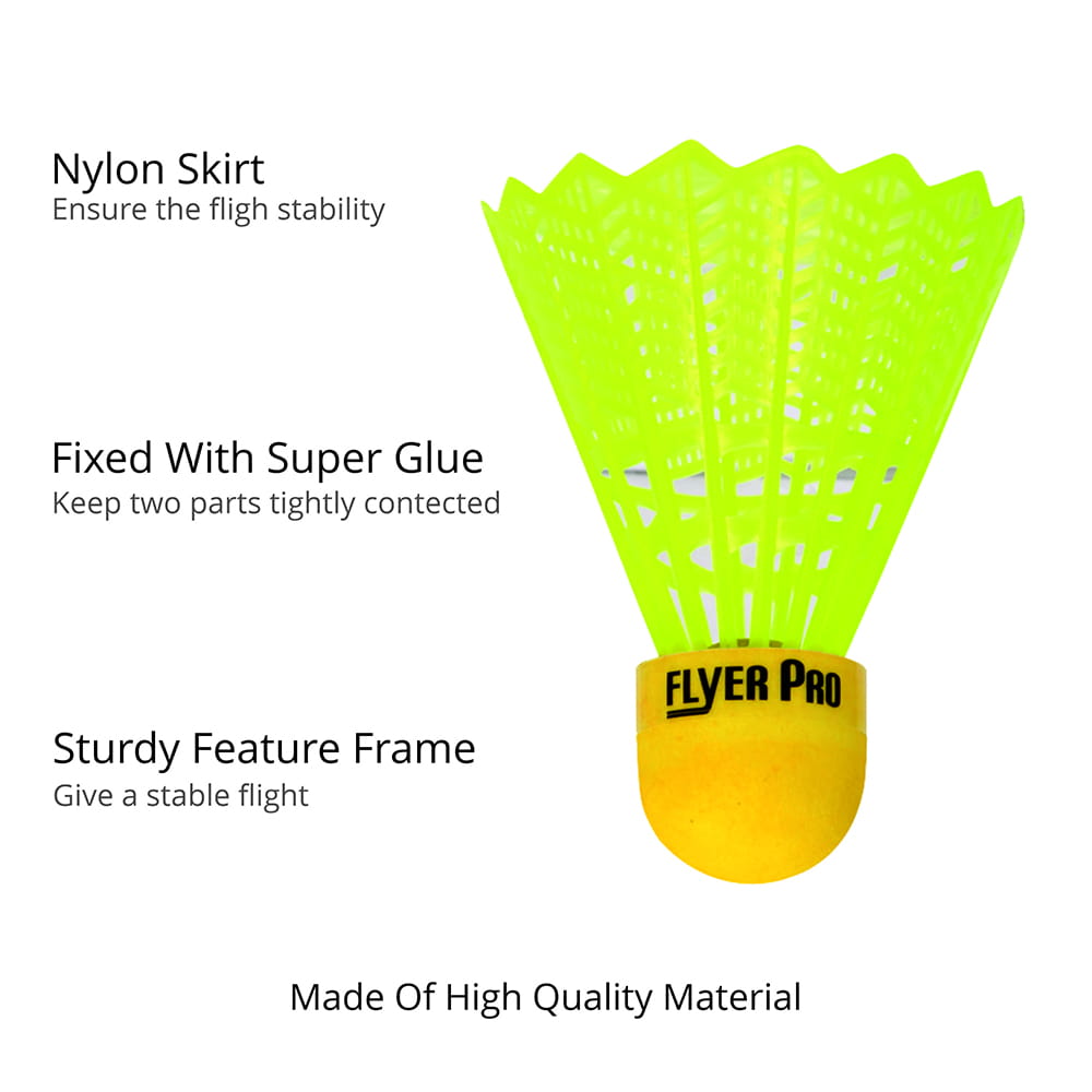 Volt Pro Flyer Pro Plastic Shuttlecock Pack of 10 is designed for badminton practice, training, and recreational play. Featuring a durable plastic skirt and neon cork base, these shuttlecocks provide accurate flight, stable performance, and enhanced visibility during gameplay.