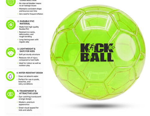 Volt Pro Inflatable Kick Ball features a football-inspired design, durable PVC construction, and a high-bounce performance for active indoor and outdoor play. With its 3D textured grip surface and bladderless construction, this ball offers excellent control, durability, and fun for kids and adults.