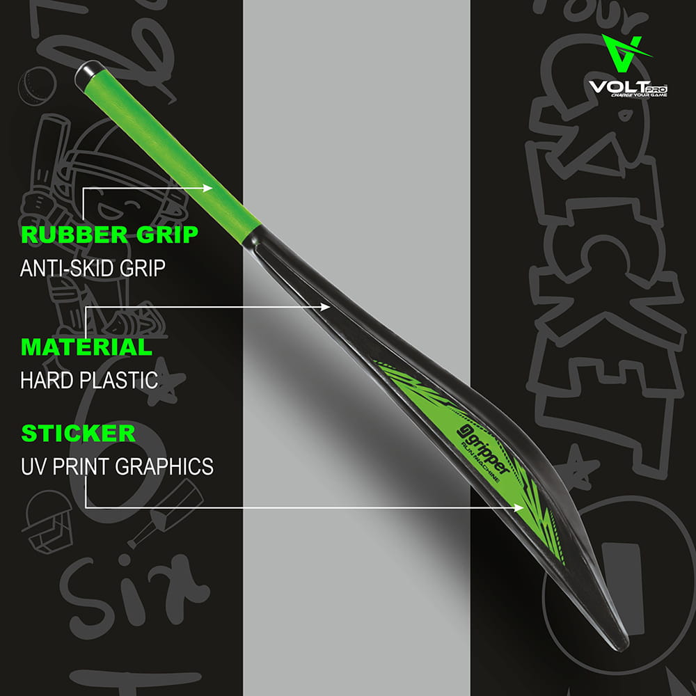 Volt Pro Full Size Plastic Cricket Bat is made from durable hard polymer material for long-lasting performance and comfortable gameplay. Featuring a lightweight design and anti-skid rubber grip, this full-size bat is ideal for practice sessions, casual matches, and everyday cricket fun.