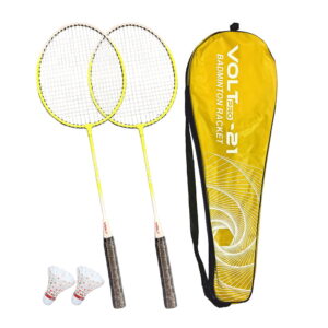 Volt Pro Badminton Racket Set includes 2 lightweight badminton rackets and 2 shuttlecocks, designed for excellent control and power. Featuring durable aluminium frames, full grip handles, and strong nylon strings, this set is suitable for beginners and recreational players. Includes a full cover carry bag for easy storage and transport.