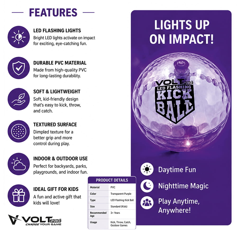 Hello Friends LED Kick Ball 4 Inch Pack of 2 features built-in motion sensor LED lights that flash automatically with every bounce. Made from soft, durable material, these high-bounce balls are perfect for indoor and outdoor play, keeping kids active and entertained. Hello Friends LED Kick Ball 4 Inch Pack of 2 features built-in motion sensor LED lights that flash automatically with every bounce. Made from soft, durable material, these high-bounce balls are perfect for indoor and outdoor play, keeping kids active and entertained.