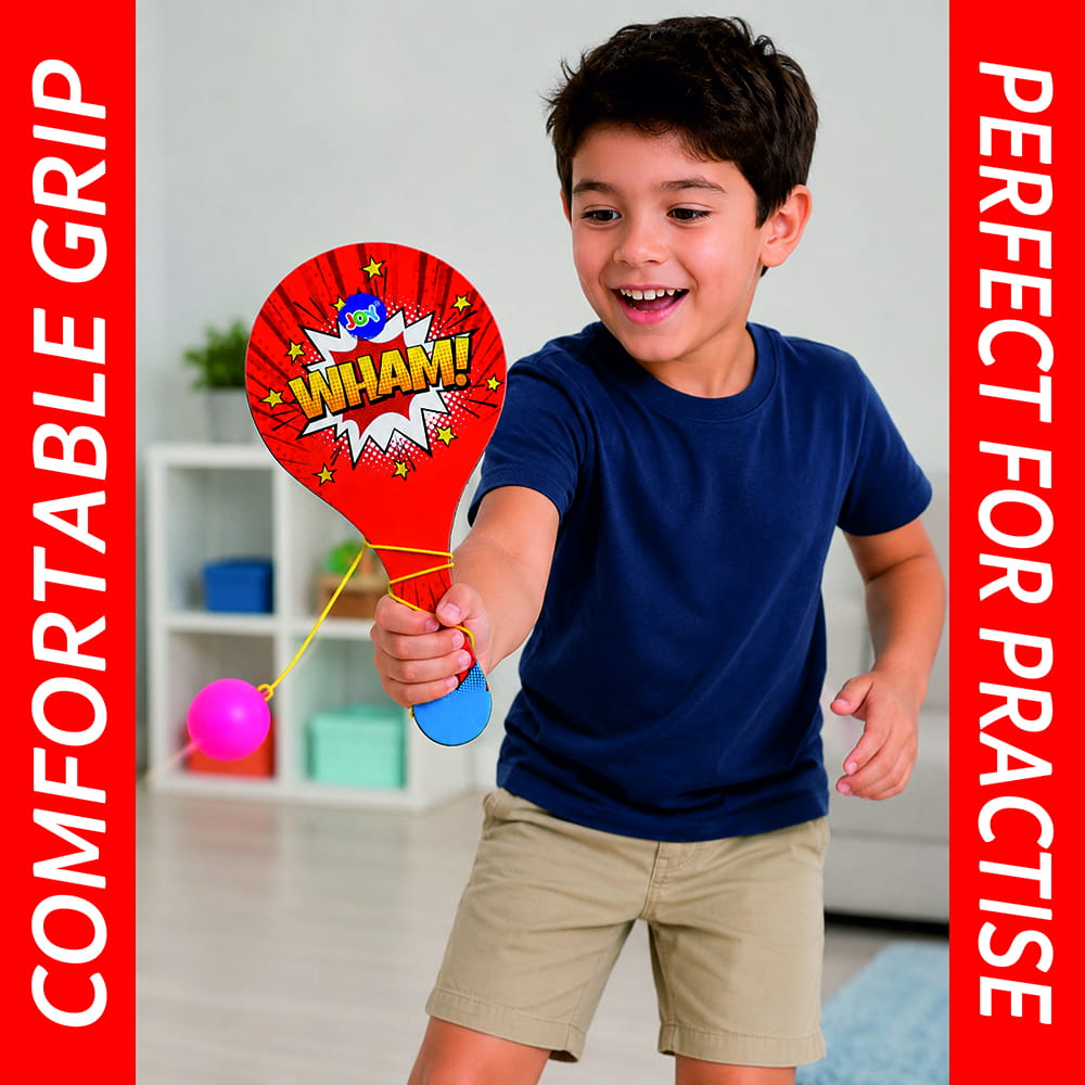 Hello Friends Wooden Paddle Ball Toy is a classic paddle game designed for kids aged 3 years and above. Featuring a durable wooden paddle and an elastic string-attached rubber ball, it helps improve hand-eye coordination while providing hours of indoor and outdoor fun.