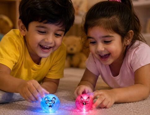 Hello Friends LED Flashing Bouncing Ball Pack of 10 features motion sensor-activated LED lights that glow automatically when bounced or thrown. Made from durable rubber, these light-up balls are perfect for indoor and outdoor play, party games, and return gifts.