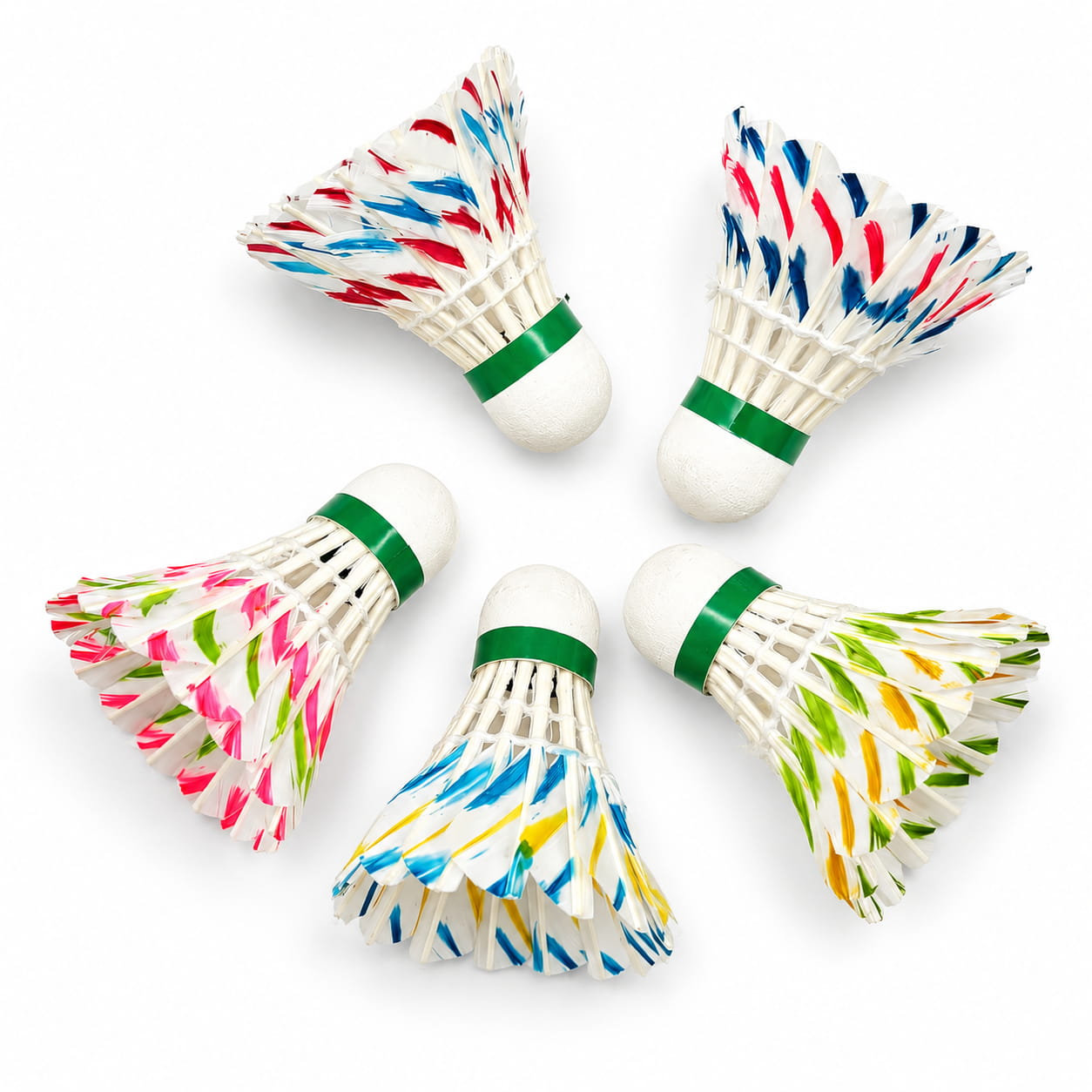Volt Pro Colourful Design Feather Shuttlecocks (Pack of 10) feature vibrant natural feathers with a durable EVA cork base for stable flight and reliable performance. Designed for recreational play and practice sessions, these shuttlecocks offer consistent speed, control, and long-lasting durability for players of all skill levels.