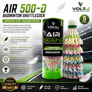 Volt Pro Colourful Design Feather Shuttlecocks (Pack of 10) feature vibrant natural feathers with a durable EVA cork base for stable flight and reliable performance. Designed for recreational play and practice sessions, these shuttlecocks offer consistent speed, control, and long-lasting durability for players of all skill levels.