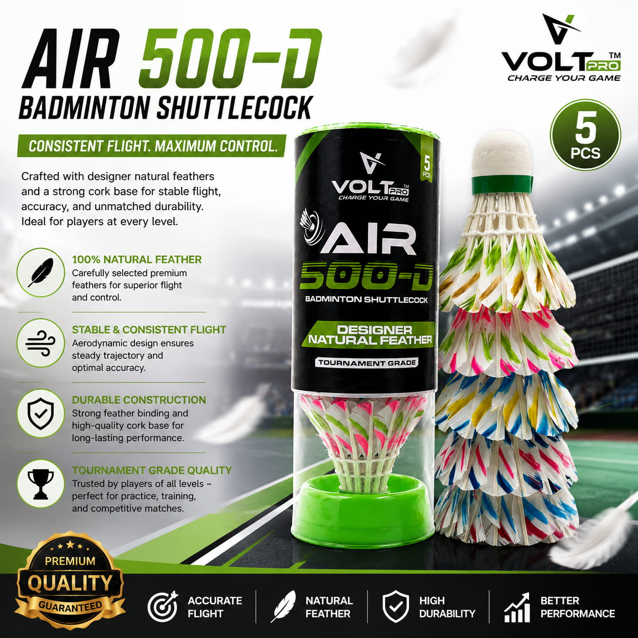 Volt Pro Colourful Design Feather Shuttlecocks (Pack of 10) feature vibrant natural feathers with a durable EVA cork base for stable flight and reliable performance. Designed for recreational play and practice sessions, these shuttlecocks offer consistent speed, control, and long-lasting durability for players of all skill levels.