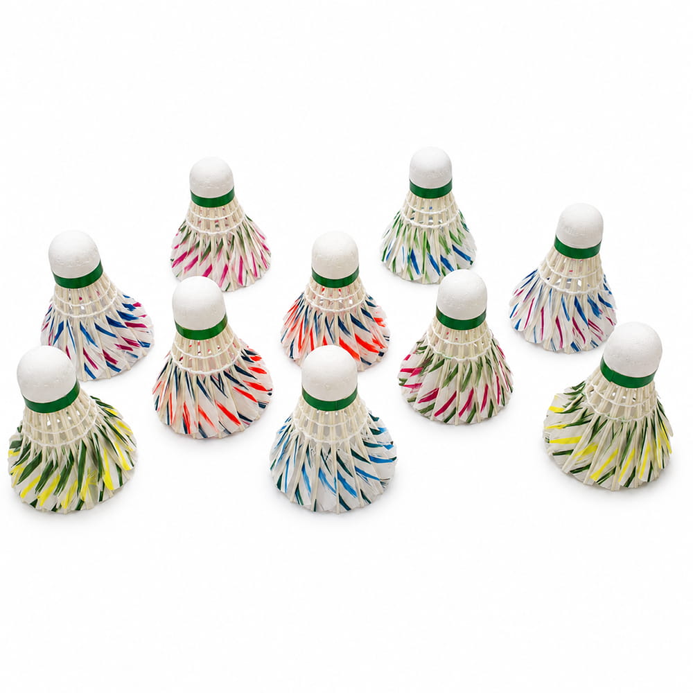 Volt Pro Colourful Design Feather Shuttlecocks (Pack of 10) feature vibrant natural feathers with a durable EVA cork base for stable flight and reliable performance. Designed for recreational play and practice sessions, these shuttlecocks offer consistent speed, control, and long-lasting durability for players of all skill levels.