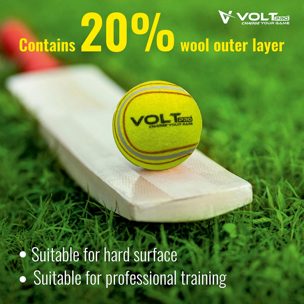 Volt Pro Cricket Tennis Ball Pack of 6 is made with a durable pure rubber core for consistent bounce, reliable performance, and long-lasting use. Designed for cricket practice, training, matches, and street cricket, these balls offer excellent control and playability. Volt Pro Cricket Tennis Ball Pack of 6 is made with a durable pure rubber core for consistent bounce, reliable performance, and long-lasting use. Designed for cricket practice, training, matches, and street cricket, these balls offer excellent control and playability.