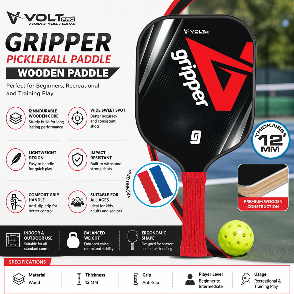 Volt Pro Glow Pickleball Paddle Set includes 2 lightweight wooden paddles and 2 glow pickleball balls for exciting indoor and outdoor play. With a durable 12mm paddle design and comfortable grip, this set is ideal for practice, family games, and recreational matches.
