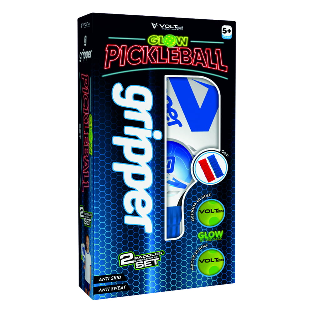 Volt Pro Glow Pickleball Paddle Set includes 2 lightweight wooden paddles and 2 glow pickleball balls for exciting indoor and outdoor play. With a durable 12mm paddle design and comfortable grip, this set is ideal for practice, family games, and recreational matches.