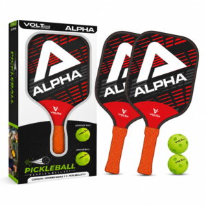 Volt Pro Alpha Pickleball Paddle Set includes 2 wooden paddles and 2 pickleballs, designed with anti-skid and anti-sweat features for comfortable handling. A beginner-friendly set for indoor and outdoor pickleball play.