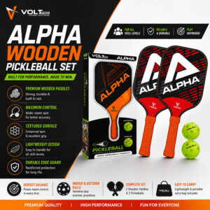 Volt Pro Alpha Pickleball Paddle Set includes 2 wooden paddles and 2 pickleballs, designed with anti-skid and anti-sweat features for comfortable handling. A beginner-friendly set for indoor and outdoor pickleball play.