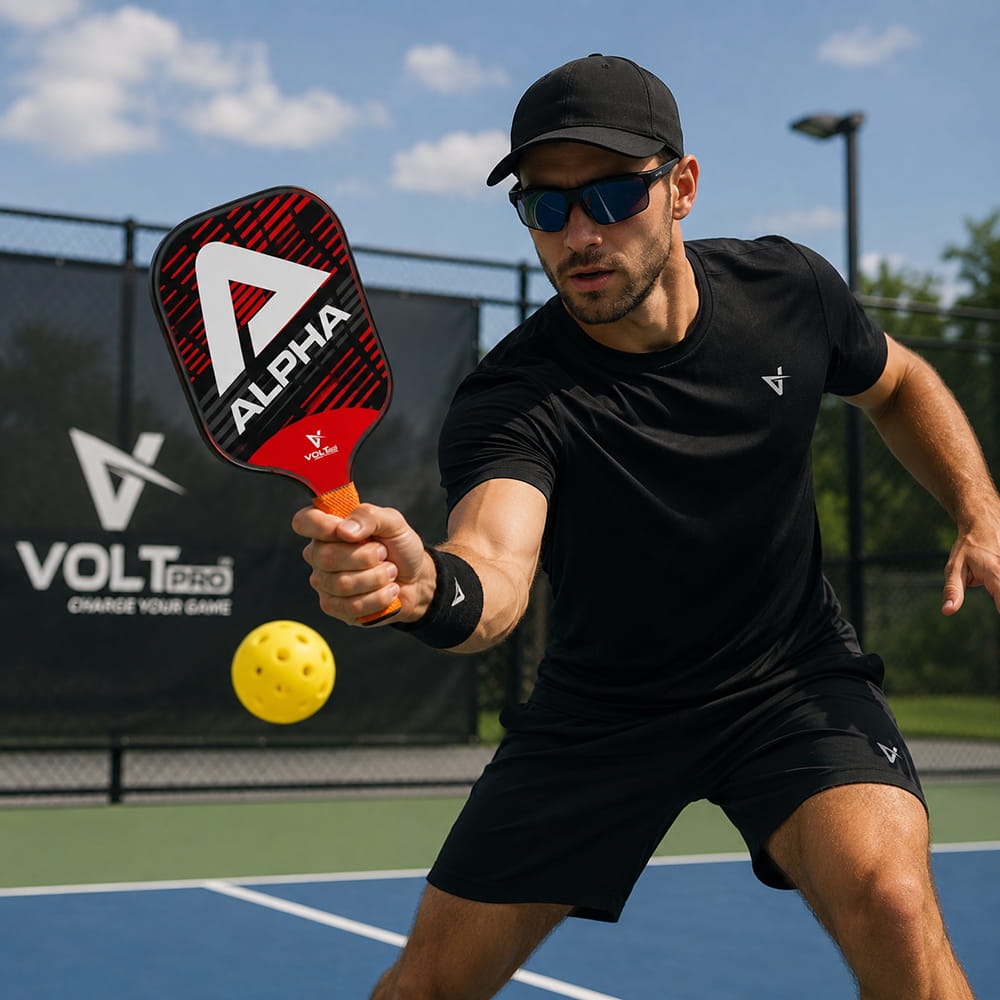 Volt Pro Alpha Pickleball Paddle Set includes 2 wooden paddles and 2 pickleballs, designed with anti-skid and anti-sweat features for comfortable handling. A beginner-friendly set for indoor and outdoor pickleball play.
