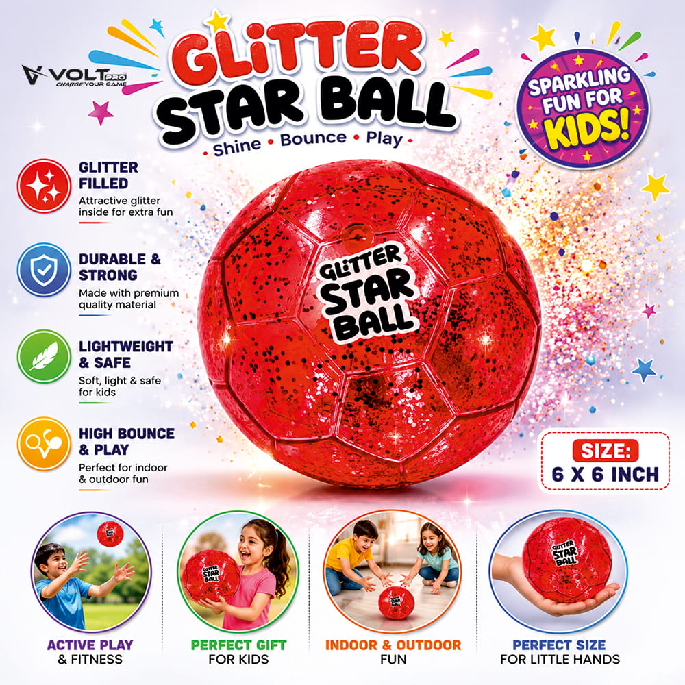 Hello Friends Glitter Star Ball 6 Inch features an attractive glitter finish with a Football Pattern. Its lightweight and high-bounce design makes it easy to handle and suitable for fun indoor and outdoor play.