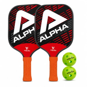 Volt Pro Alpha Pickleball Paddle Set includes 2 wooden paddles and 2 pickleballs, designed with anti-skid and anti-sweat features for comfortable handling. A beginner-friendly set for indoor and outdoor pickleball play.