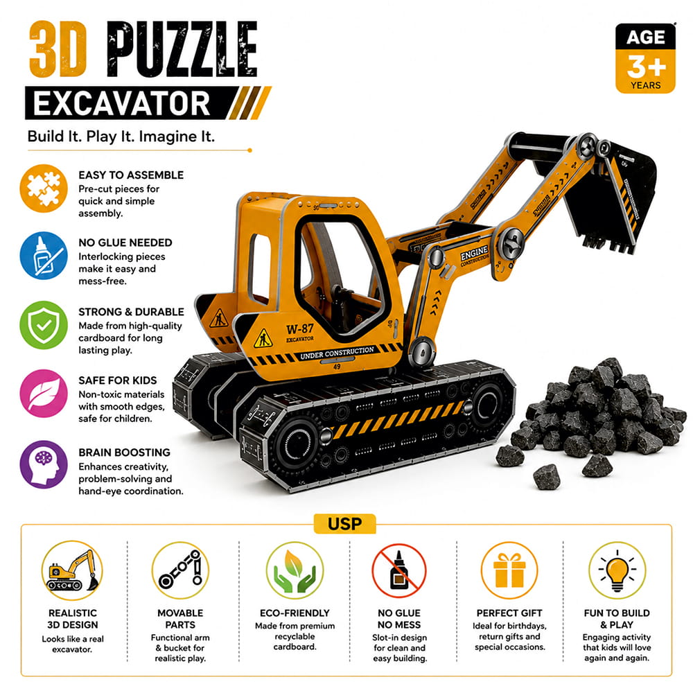 Hello Friends 3D Cardboard Puzzle is a fun DIY model-building activity for kids aged 4 years and above. The pre-cut pieces are easy to assemble into a 3D standing model, helping develop creativity, concentration, coordination, and problem-solving skills.