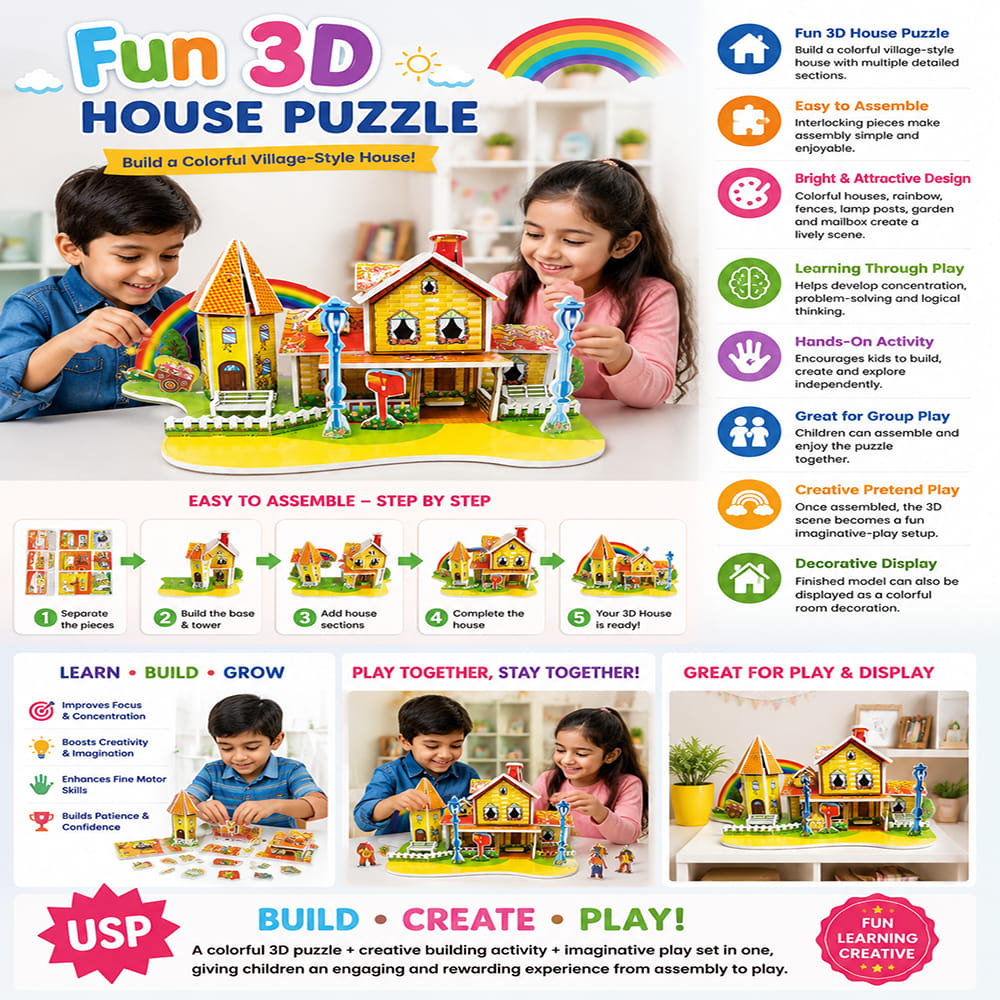 Hello Friends 3D Cardboard Puzzle is a fun DIY model-building activity for kids aged 4 years and above. The pre-cut pieces are easy to assemble into a 3D standing model, helping develop creativity, concentration, coordination, and problem-solving skills.