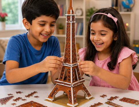 Hello Friends 3D Cardboard Puzzle is a fun DIY model-building activity for kids aged 4 years and above. The pre-cut pieces are easy to assemble into a 3D standing model, helping develop creativity, concentration, coordination, and problem-solving skills.