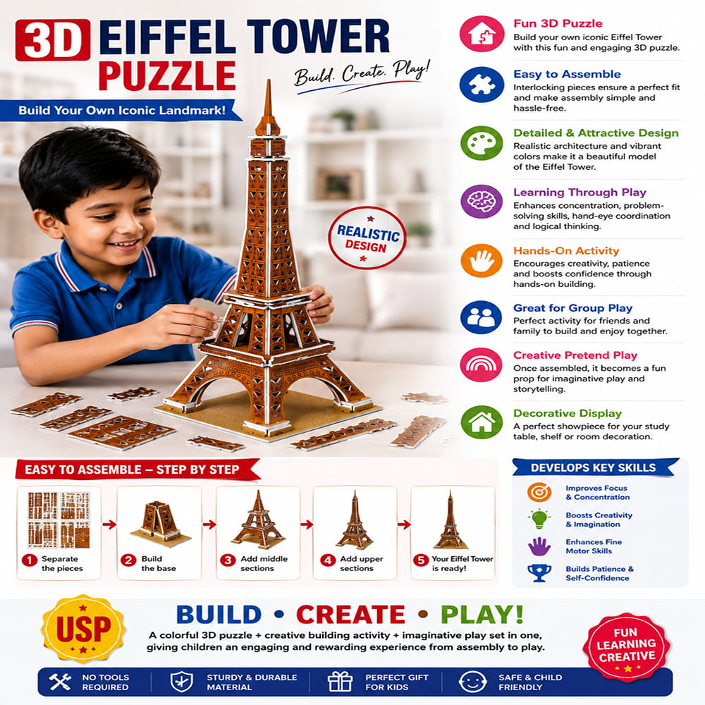 Hello Friends 3D Cardboard Puzzle is a fun DIY model-building activity for kids aged 4 years and above. The pre-cut pieces are easy to assemble into a 3D standing model, helping develop creativity, concentration, coordination, and problem-solving skills.