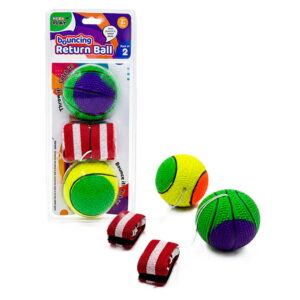 Hello Friends Bouncing Return Ball Twin Pack includes 2 textured 2.5-inch balls with elastic strings and wrist bands. Kids can throw, bounce, and catch the returning balls for an exciting and active play experience.
