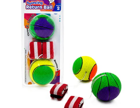 Hello Friends Bouncing Return Ball Twin Pack includes 2 textured 2.5-inch balls with elastic strings and wrist bands. Kids can throw, bounce, and catch the returning balls for an exciting and active play experience.